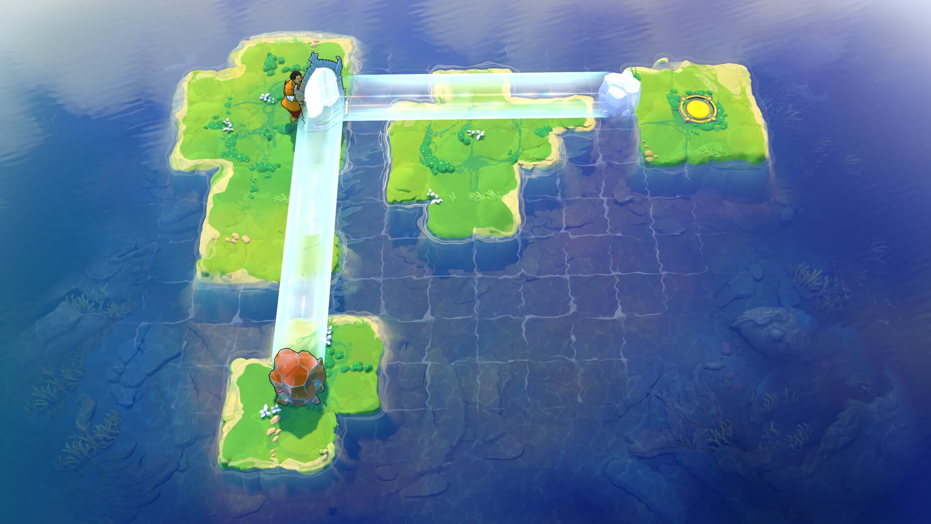 Official screenshot of a character using a luminous beam across small islands