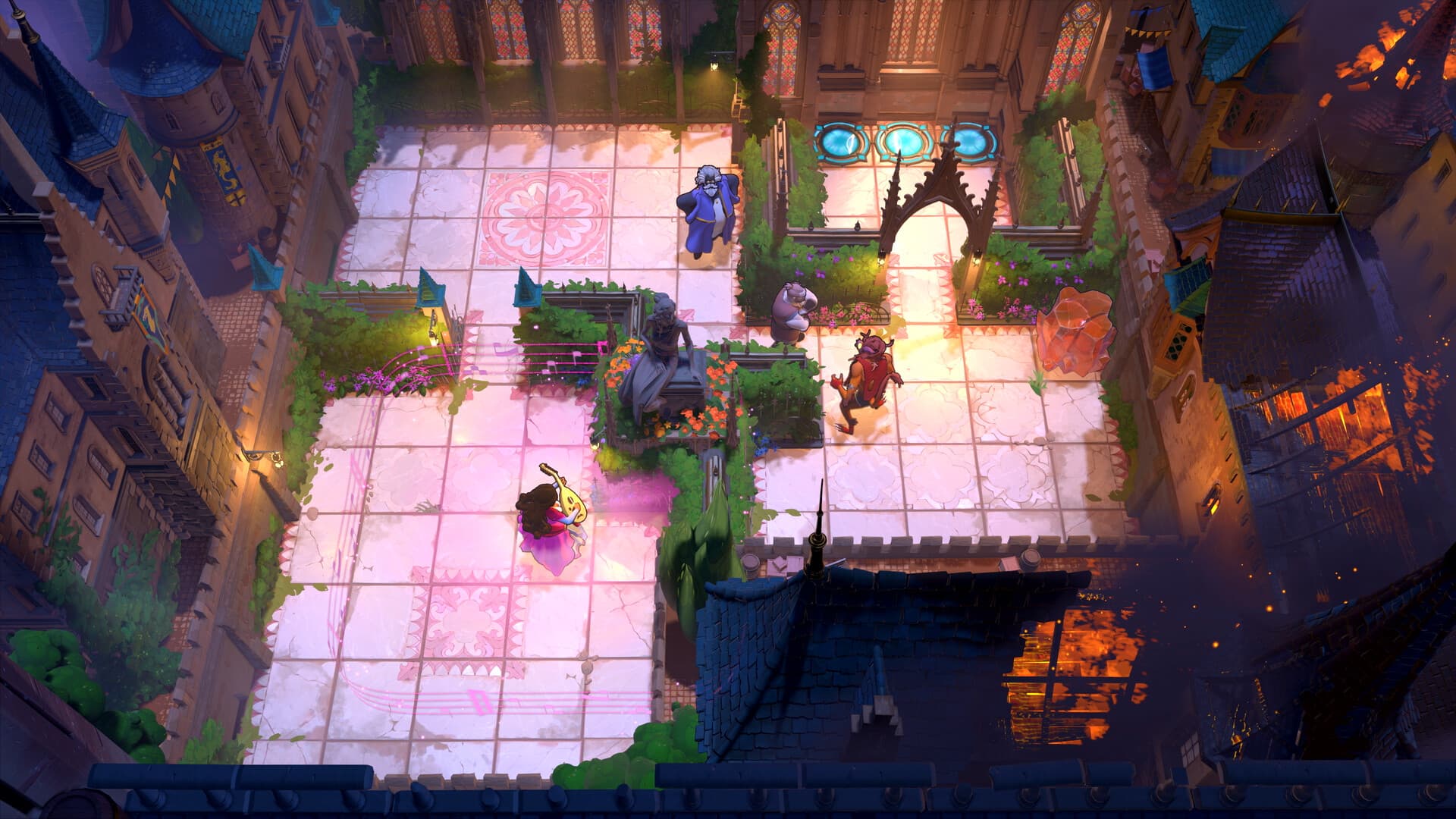 Official screenshot of a bright tiled puzzle space surrounded by a fantastical town